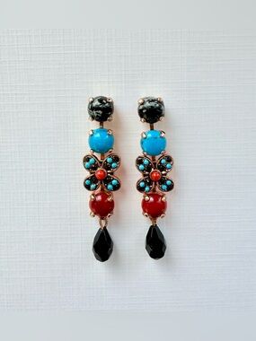 Vintage Amaro Earrings NWT Handcrafted Turquoise, Obsidian, Red Coral
